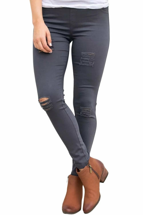 Gray Distressed Front Hole Stretch Denim Pants - Horizon Bliss