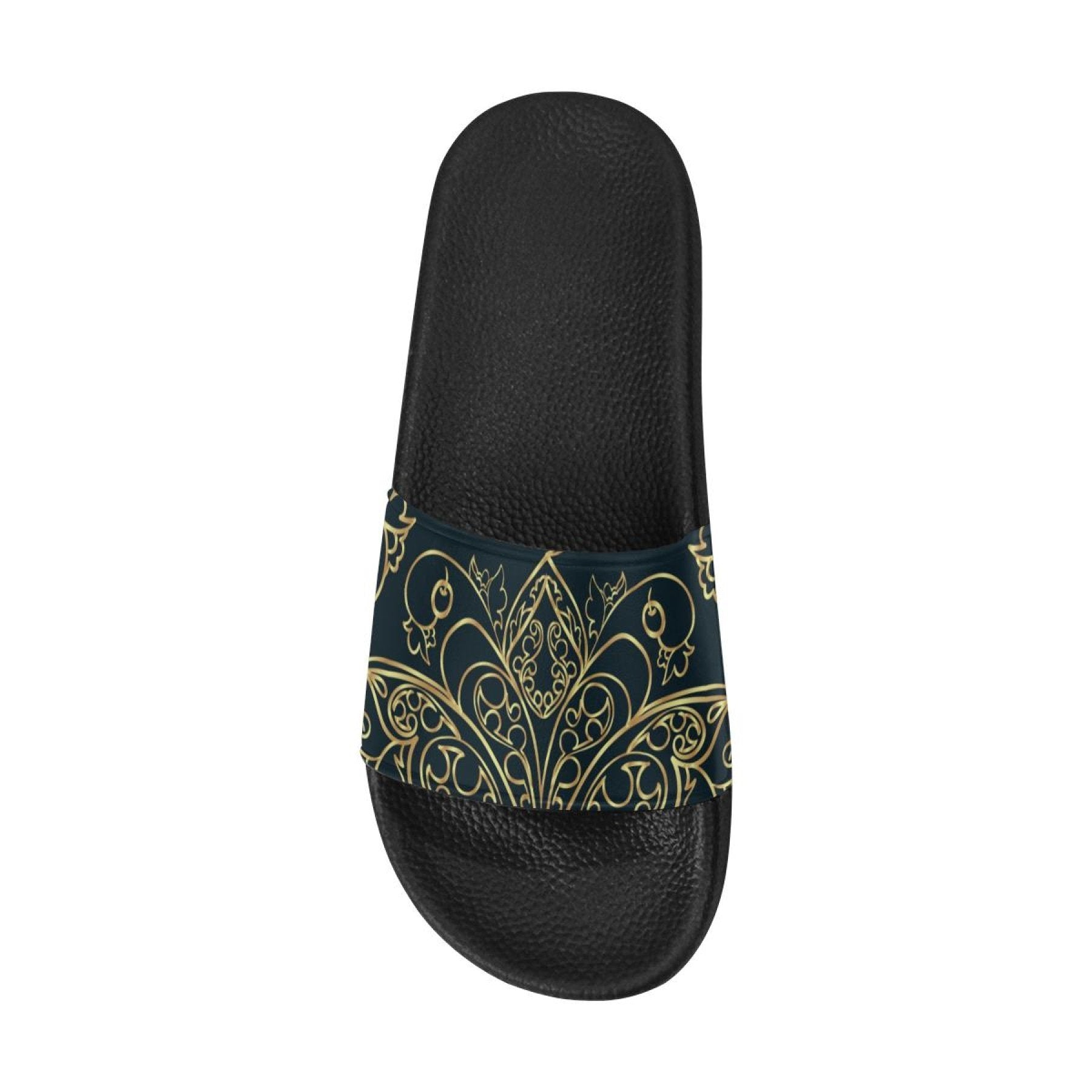 Womens Slides, Flip Flop Sandals, Black And Gold Swirl Print - Horizon Bliss