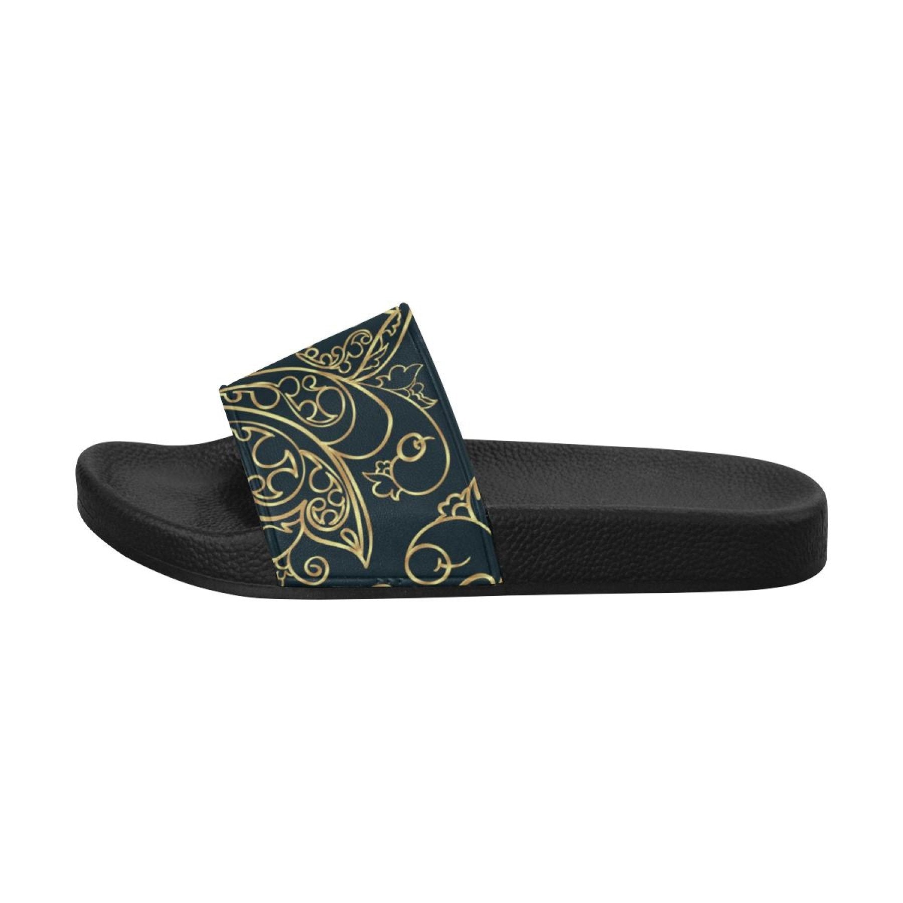 Womens Slides, Flip Flop Sandals, Black And Gold Swirl Print - Horizon Bliss