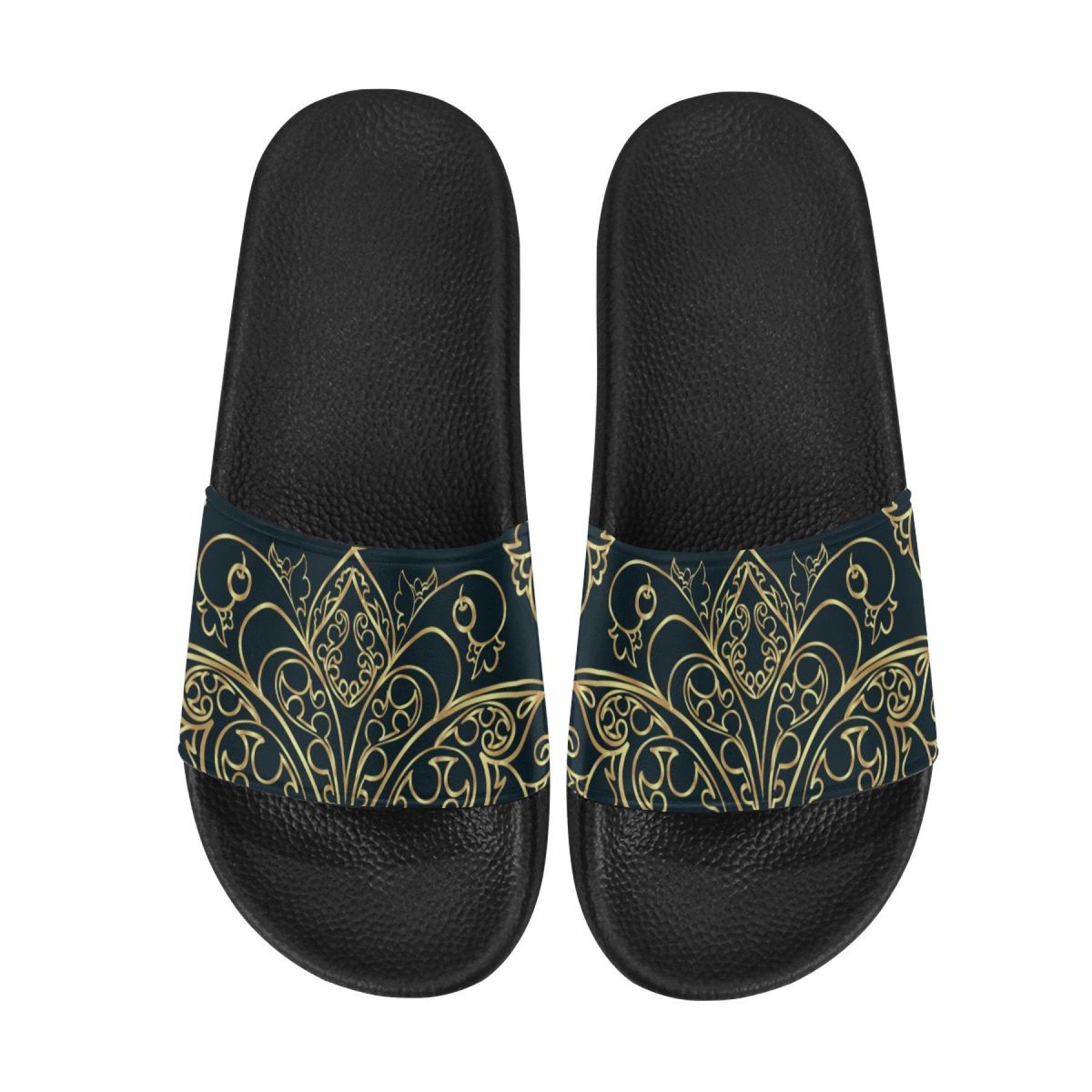 Womens Slides, Flip Flop Sandals, Black And Gold Swirl Print - Horizon Bliss