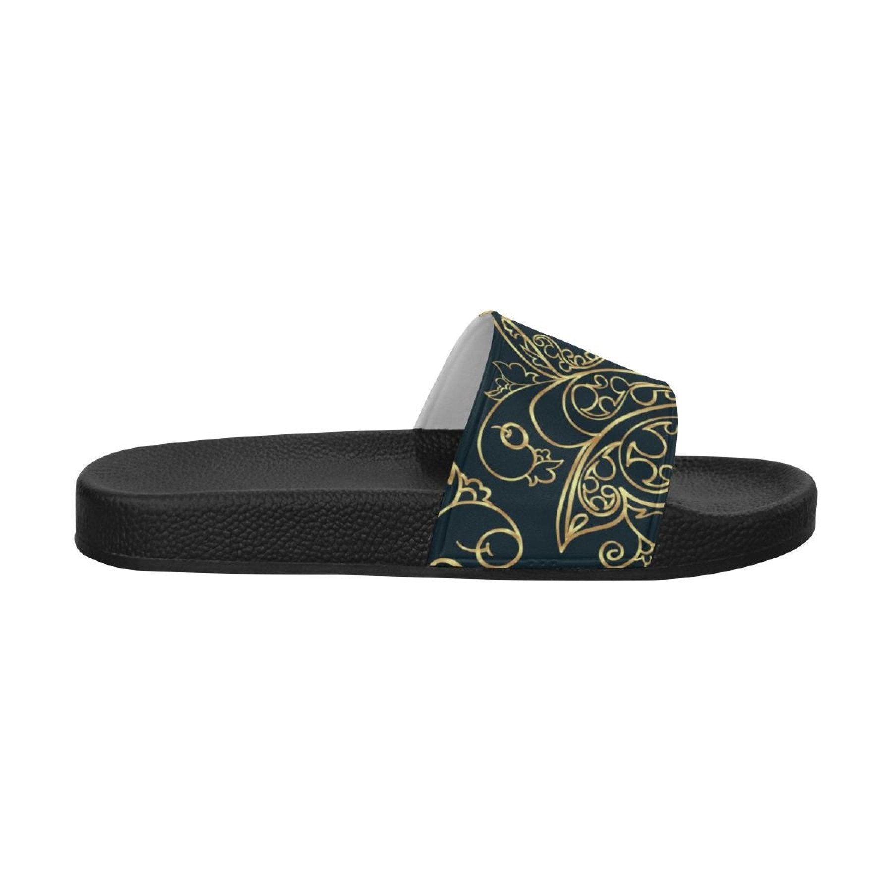 Womens Slides, Flip Flop Sandals, Black And Gold Swirl Print - Horizon Bliss