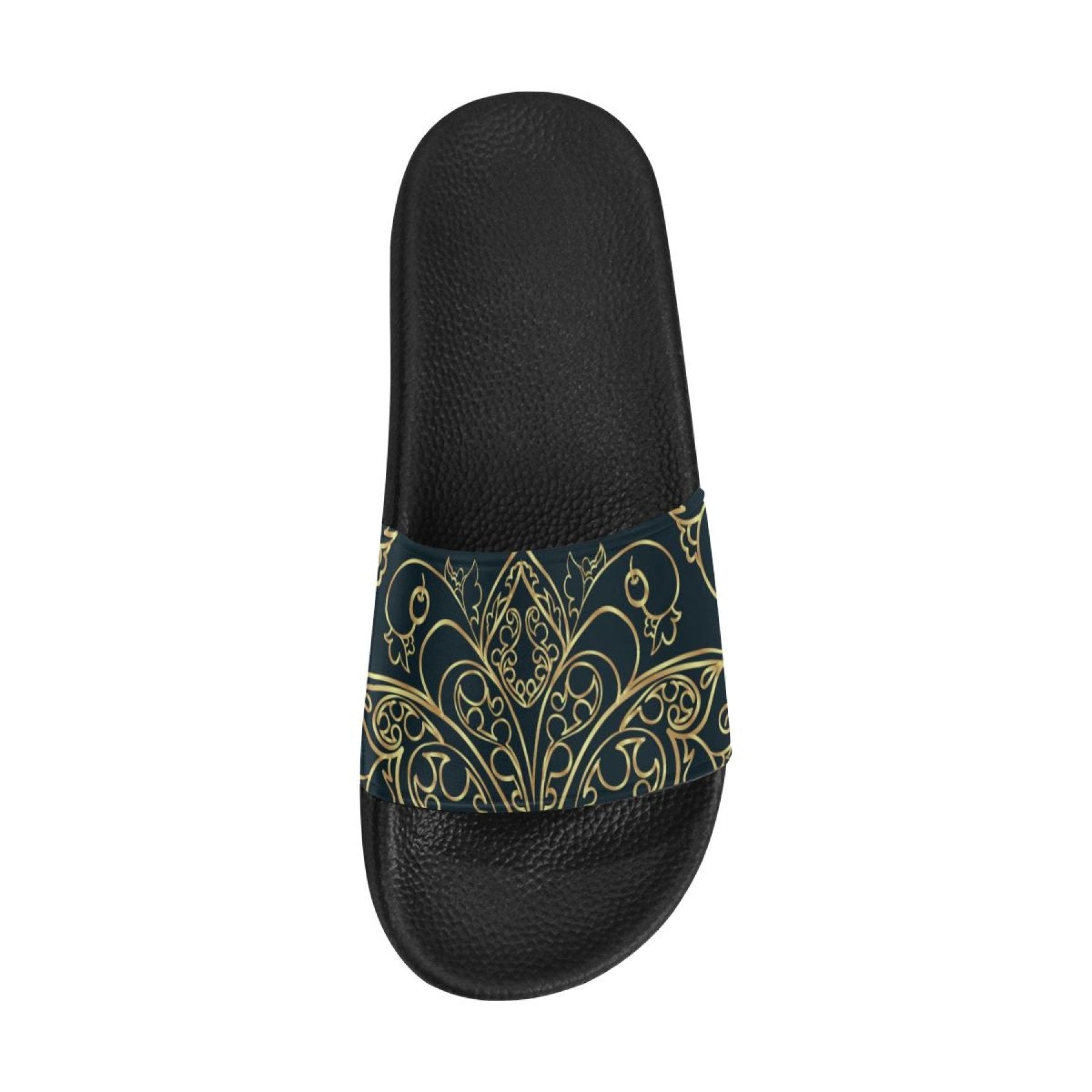 Womens Slides, Flip Flop Sandals, Black And Gold Swirl Print - Horizon Bliss