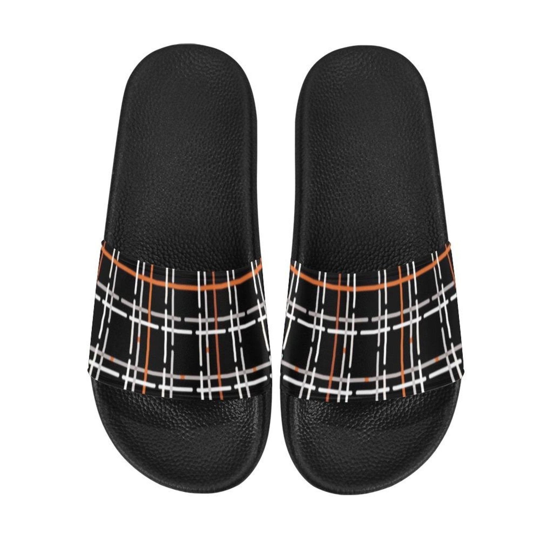 Womens Slides, Flip Flop Sandals, Black Orange And White Tartan Print - Horizon Bliss