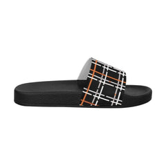 Womens Slides, Flip Flop Sandals, Black Orange And White Tartan Print - Horizon Bliss