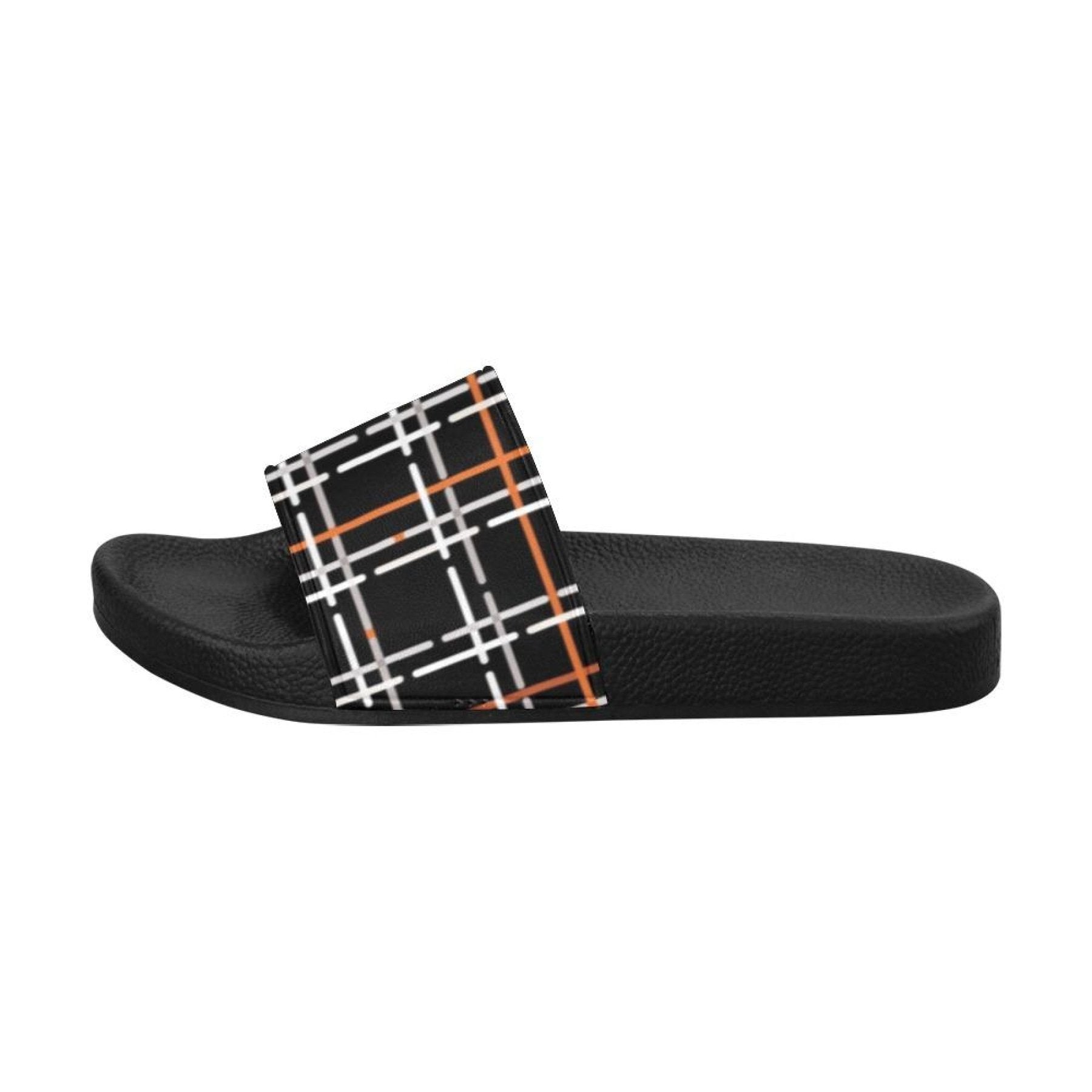 Womens Slides, Flip Flop Sandals, Black Orange And White Tartan Print - Horizon Bliss