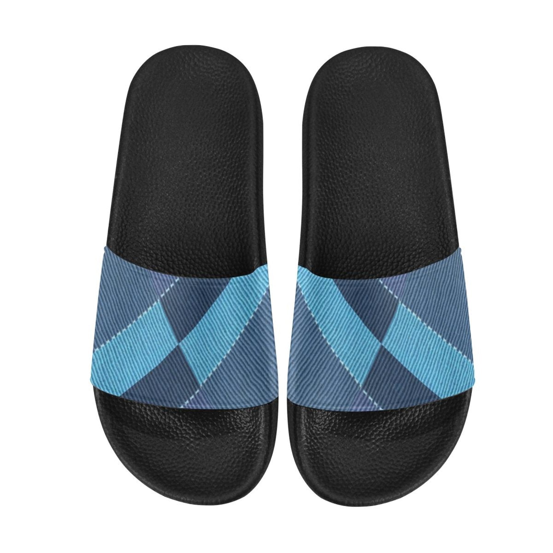 Womens Slides, Flip Flop Sandals, Blue Denim Grid - Horizon Bliss