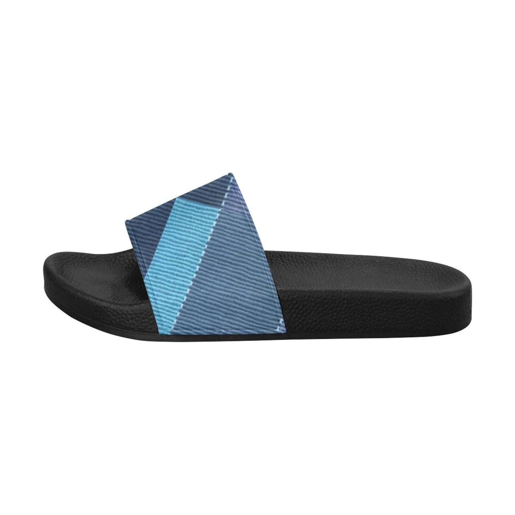 Womens Slides, Flip Flop Sandals, Blue Denim Grid - Horizon Bliss