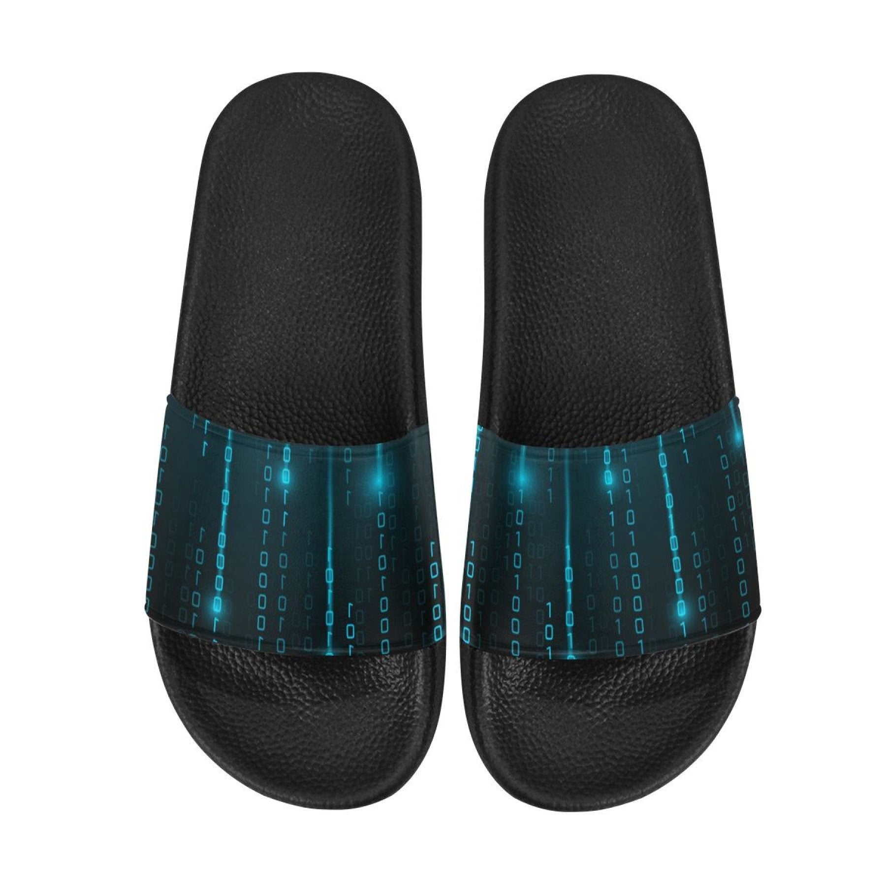 Womens Slides, Flip Flop Sandals, Blue Matrix Print - Horizon Bliss