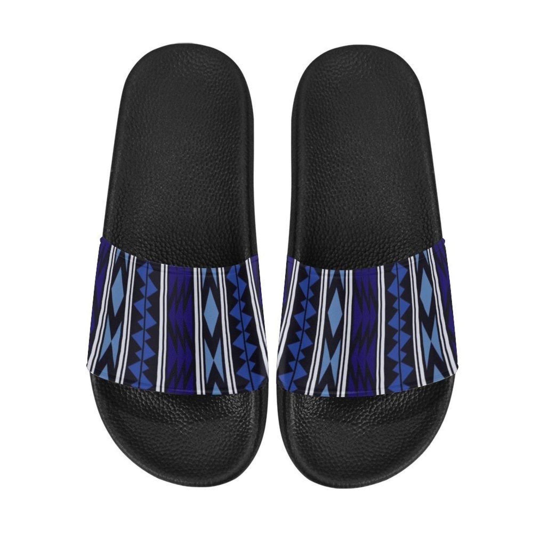 Womens Slides, Flip Flop Sandals, Dark Blue Aztec Print - Horizon Bliss