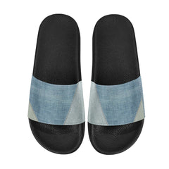 Womens Slides, Flip Flop Sandals, Denim Blue Patch Print - Horizon Bliss