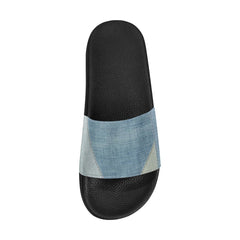 Womens Slides, Flip Flop Sandals, Denim Blue Patch Print - Horizon Bliss