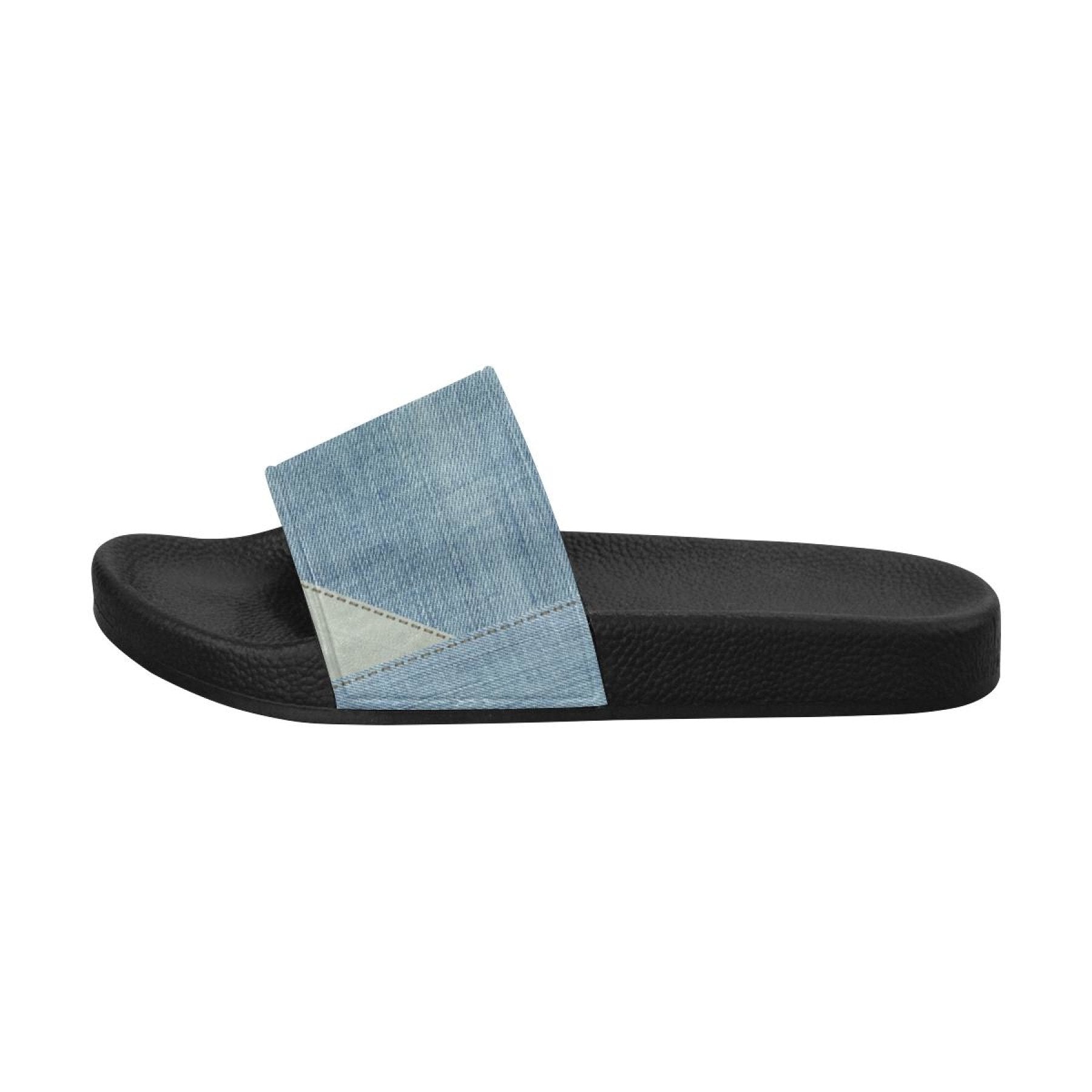 Womens Slides, Flip Flop Sandals, Denim Blue Patch Print - Horizon Bliss