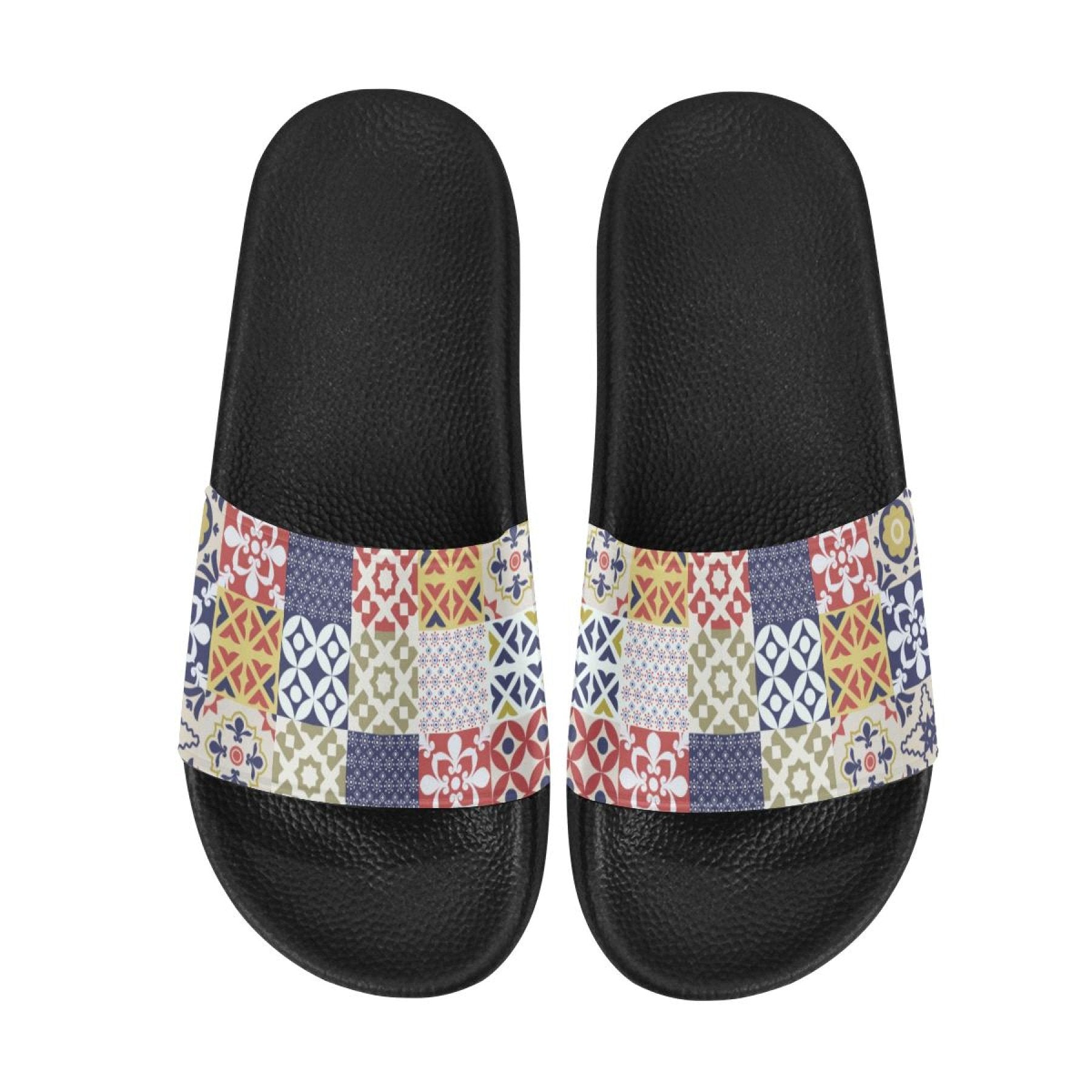 Womens Slides, Flip Flop Sandals, Patchwork Print - Horizon Bliss