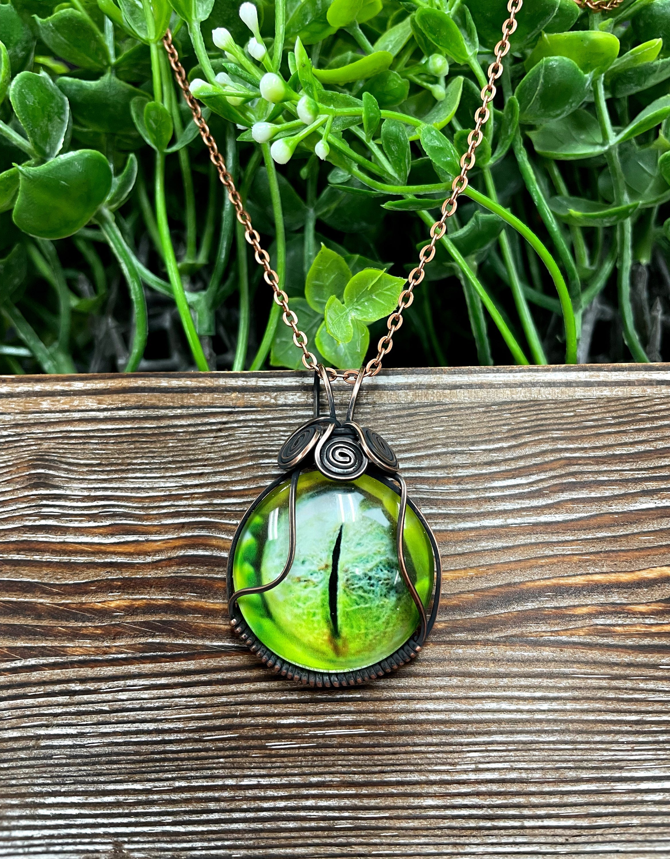 Wire Wrapped Green Reptile Eye Glass Cabochon Pendant - Horizon Bliss