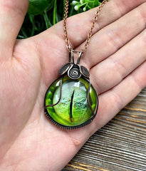 Wire Wrapped Green Reptile Eye Glass Cabochon Pendant - Horizon Bliss