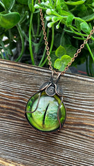 Wire Wrapped Green Reptile Eye Glass Cabochon Pendant - Horizon Bliss