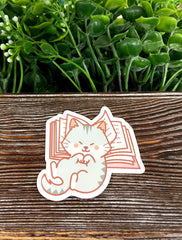 Cute Cat on Book, Die Cut Vinyl Sticker, , Boho Fun, Water Resistant