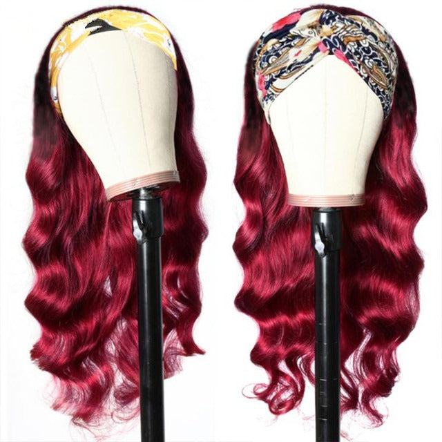 Burgundy Headband Body Wave Human Hair Wig #99J  Scarf Wig No GLUE Eas - Horizon Bliss