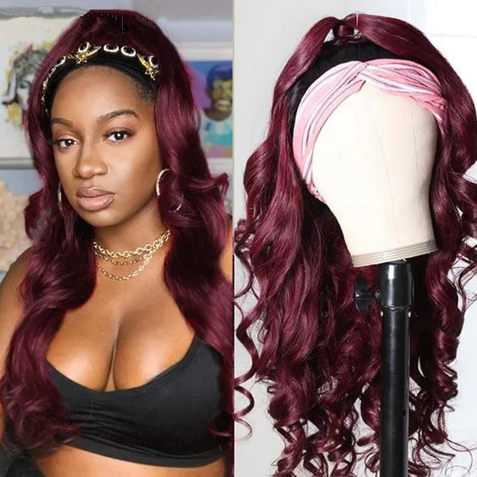 Burgundy Headband Body Wave Human Hair Wig #99J  Scarf Wig No GLUE Eas - Horizon Bliss