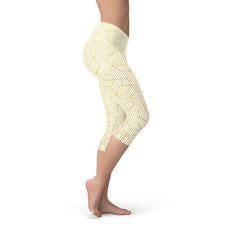 Womens White Capri Leggings w/ Geometric Cubes - Horizon Bliss