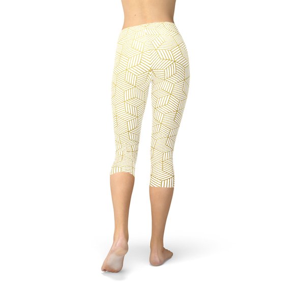 Womens White Capri Leggings w/ Geometric Cubes - Horizon Bliss