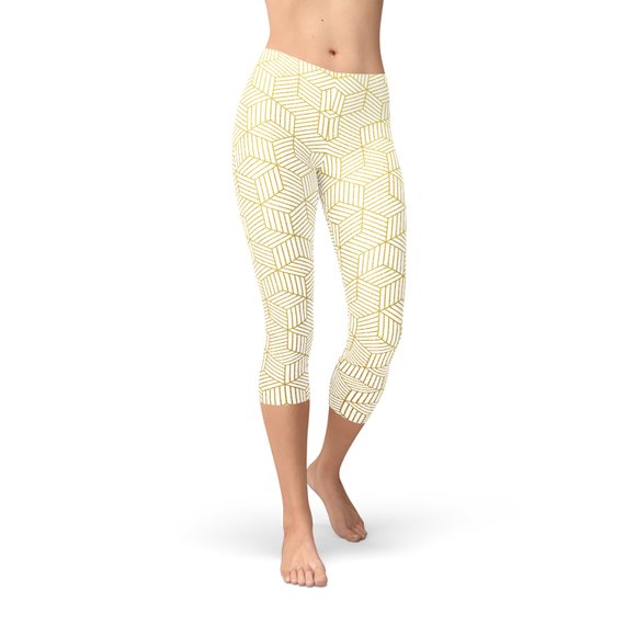 Womens White Capri Leggings w/ Geometric Cubes - Horizon Bliss