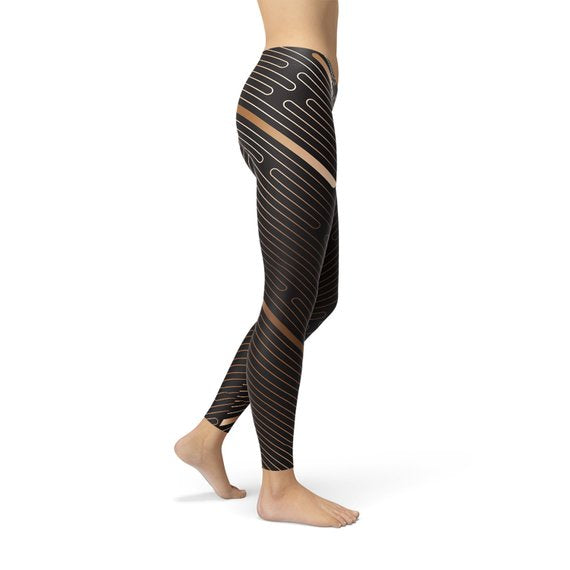 Womens Striped Lines Sports Brown Leggings - Horizon Bliss