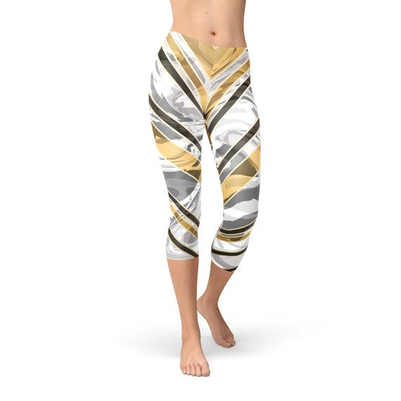 White Marble w/ Black Gold Lines Capri Leggings - Horizon Bliss