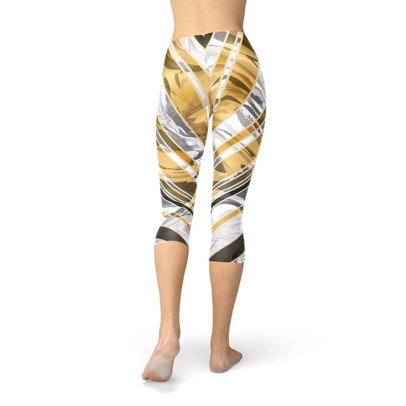 White Marble w/ Black Gold Lines Capri Leggings - Horizon Bliss