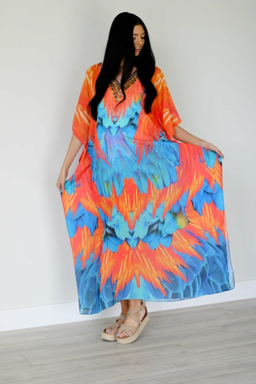 Tribal Kaftan Dress, Feather Caftan Dress, Plus Size Kaftan For Women,