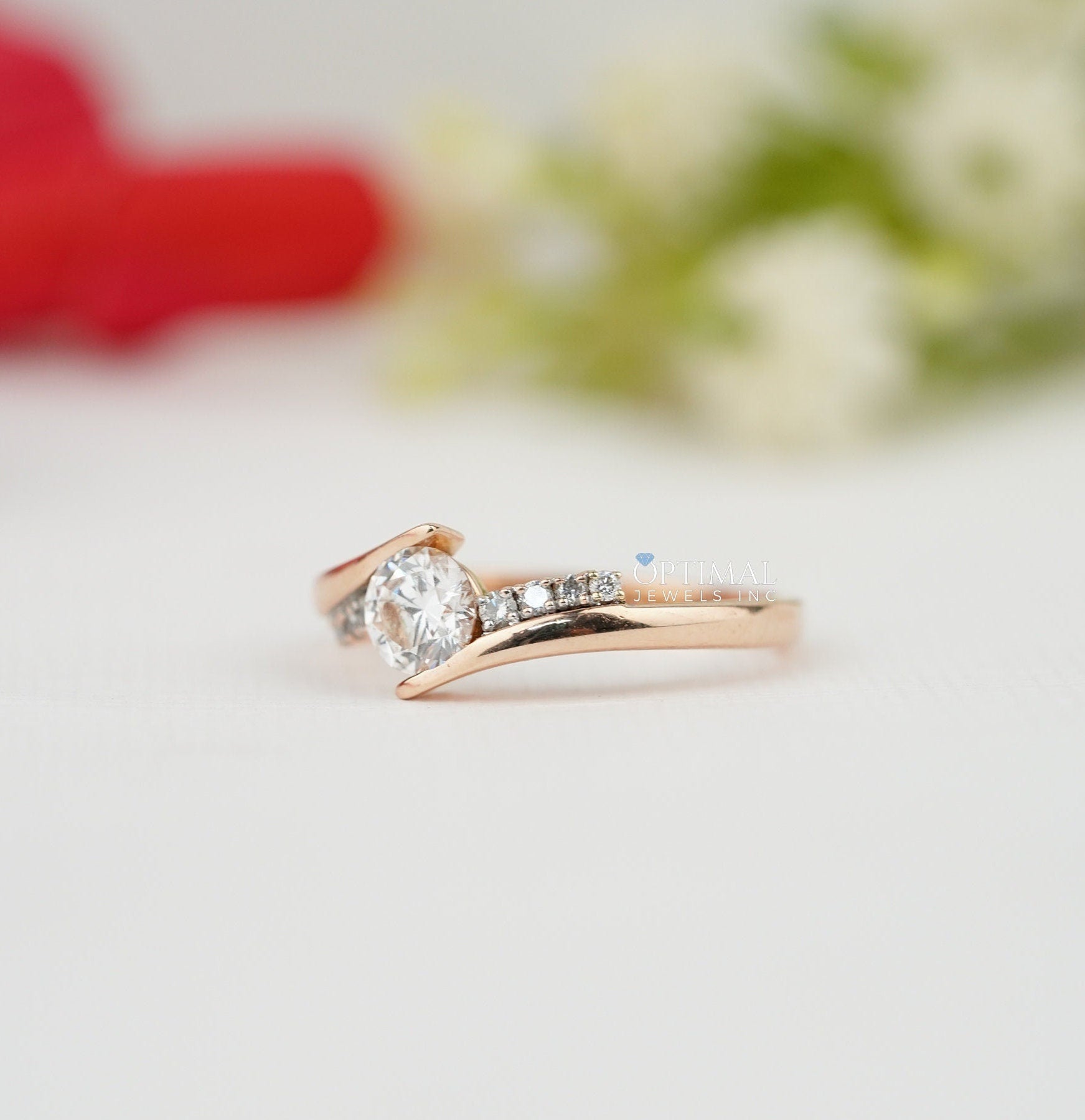 Sparking Round Lab Diamond Ring 0.75 CTW Pave Set Ring Solid Rose Gold