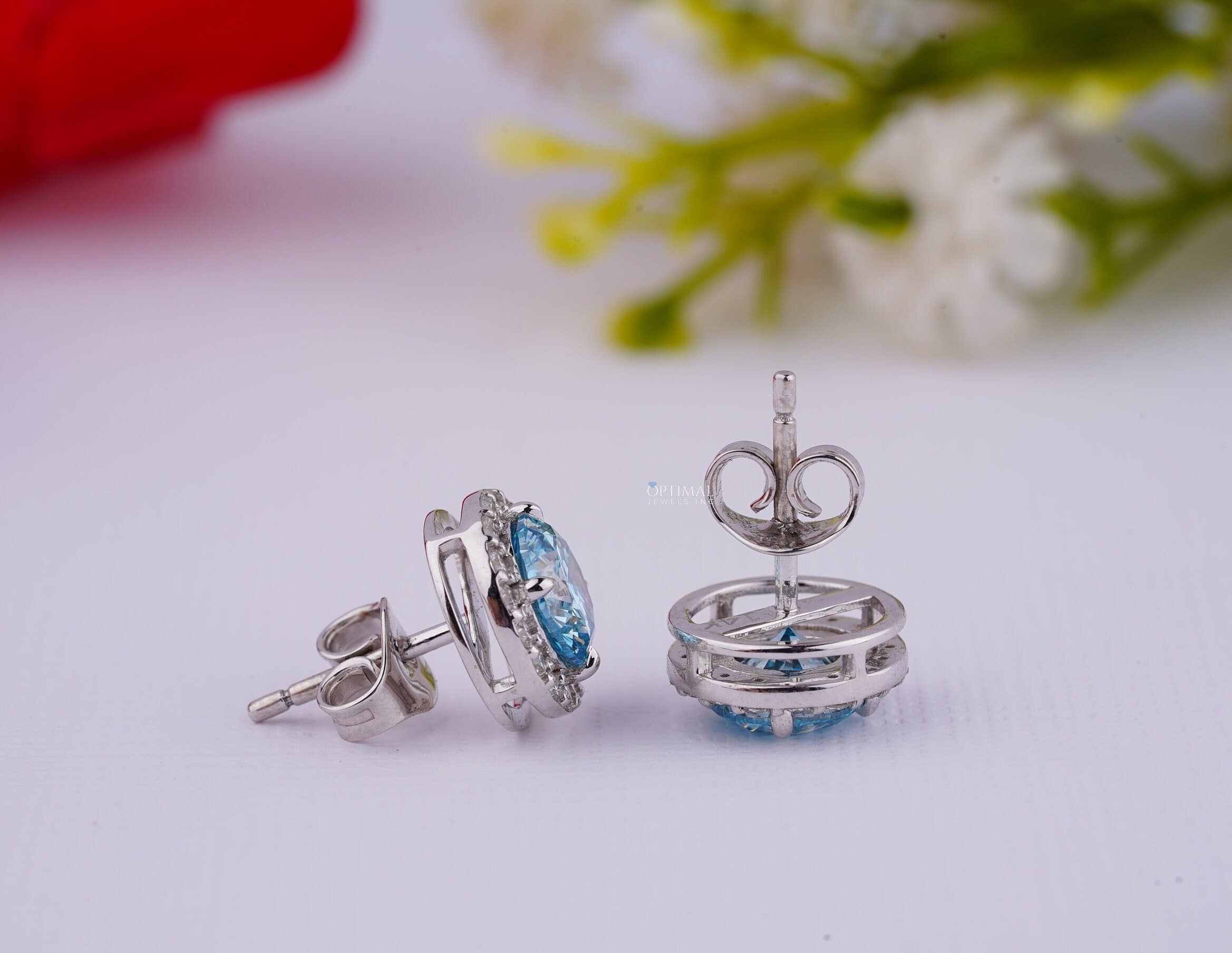 Sapphire Blue Lab Diamond Earrings 2.40 Ctw IGI Certified Round Halo