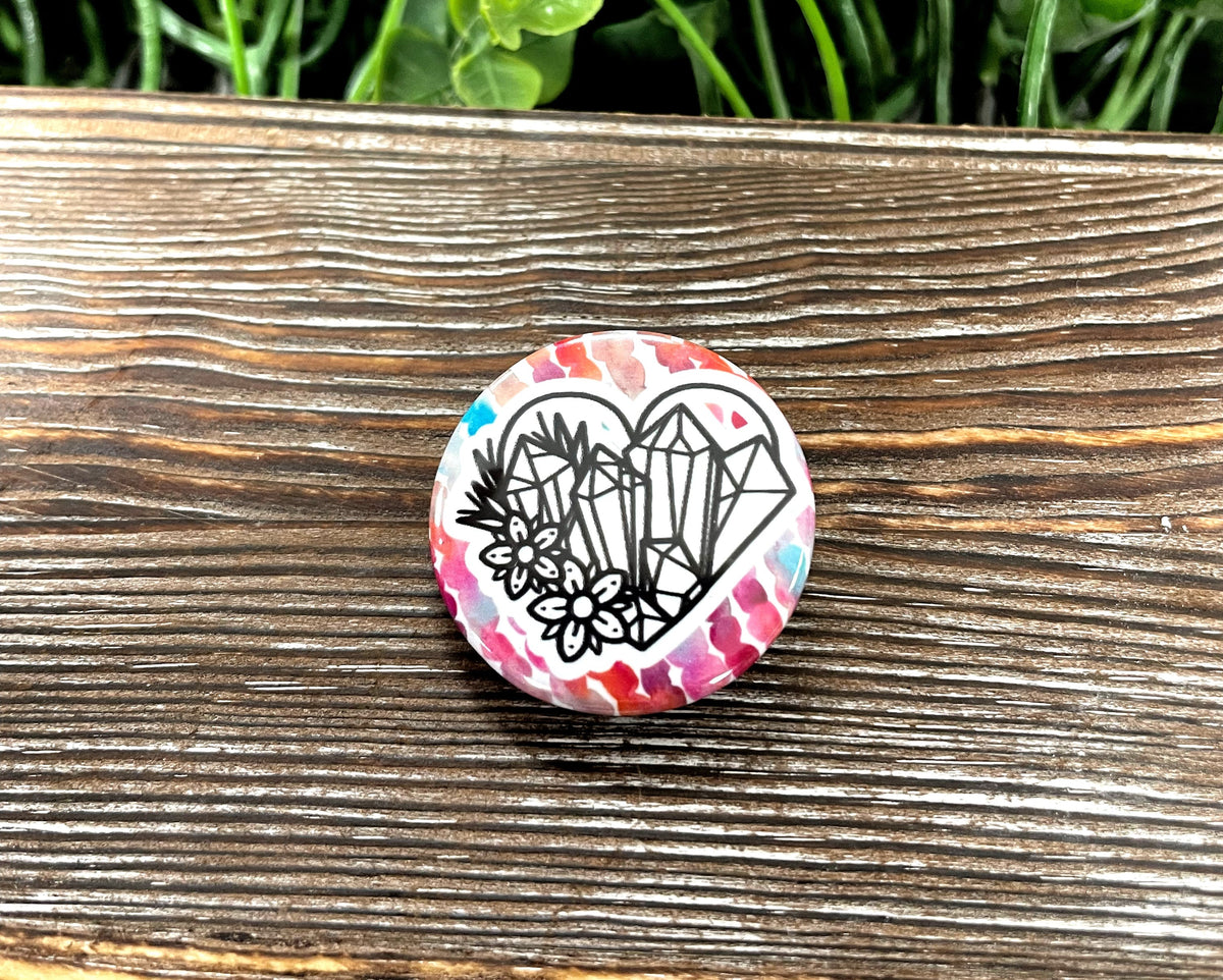 Watercolor Heart w/ Crystals, Graphic Art Button / Pin 1.25”