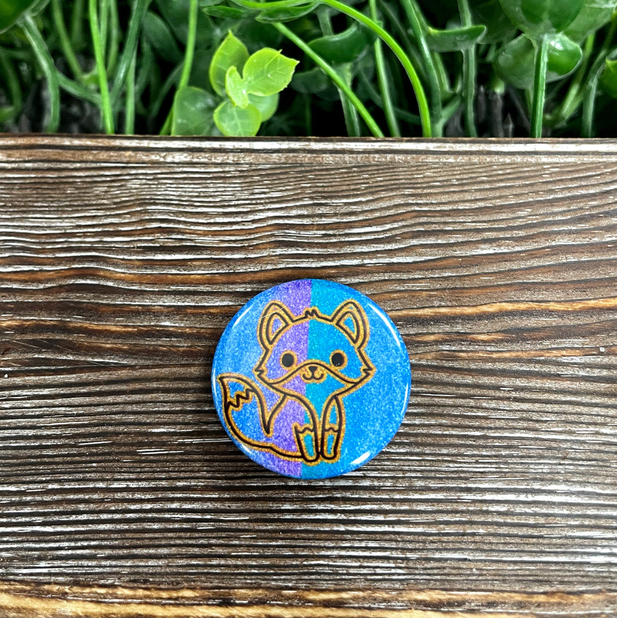 Fox Outline, Graphic Art Button / Pin 1.25” , Blue and Purple Glitter