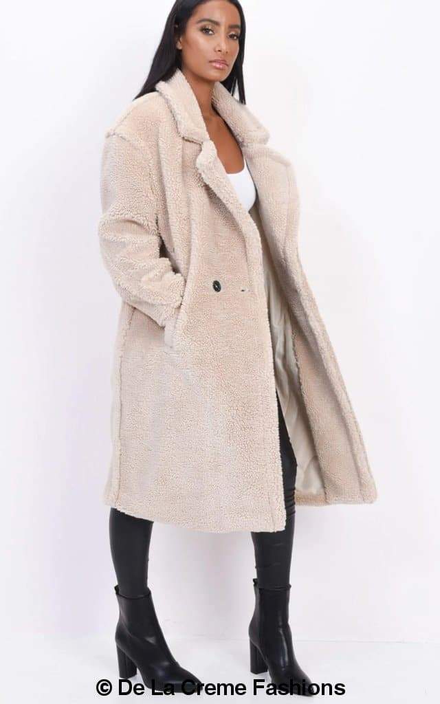 Jackie Double Breasted Borg Teddy Midi Coat - Horizon Bliss