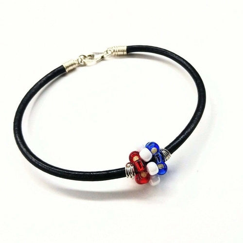 Red White And Blue Beaded Bead Leather Bracelet for Him and Her