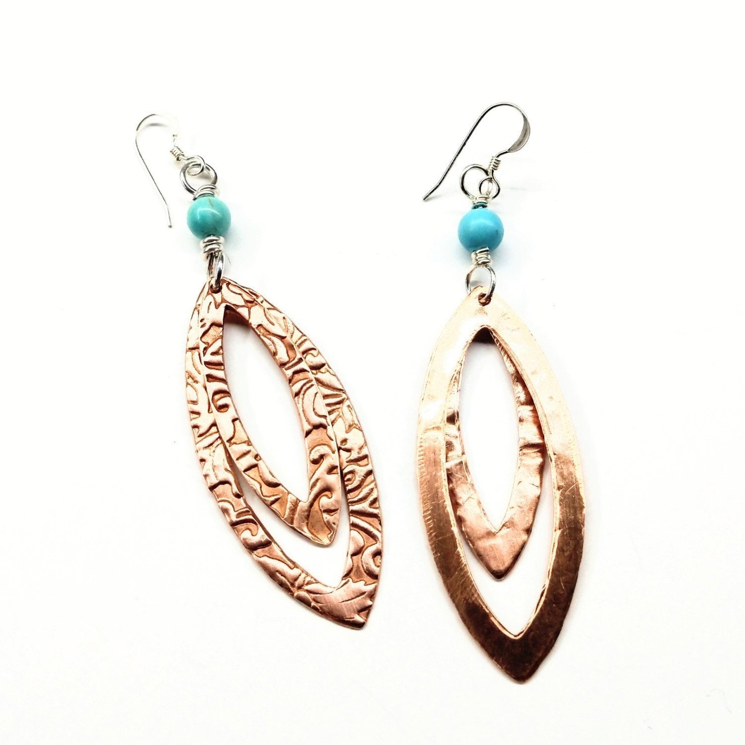 Turquoise Copper Embossed Pointed Oval Earrings