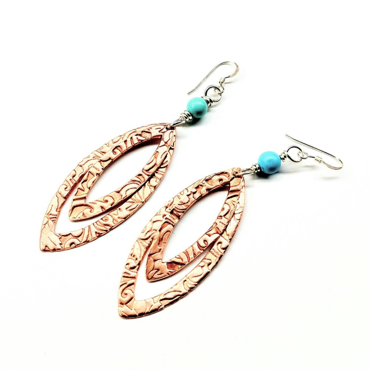 Turquoise Copper Embossed Pointed Oval Earrings