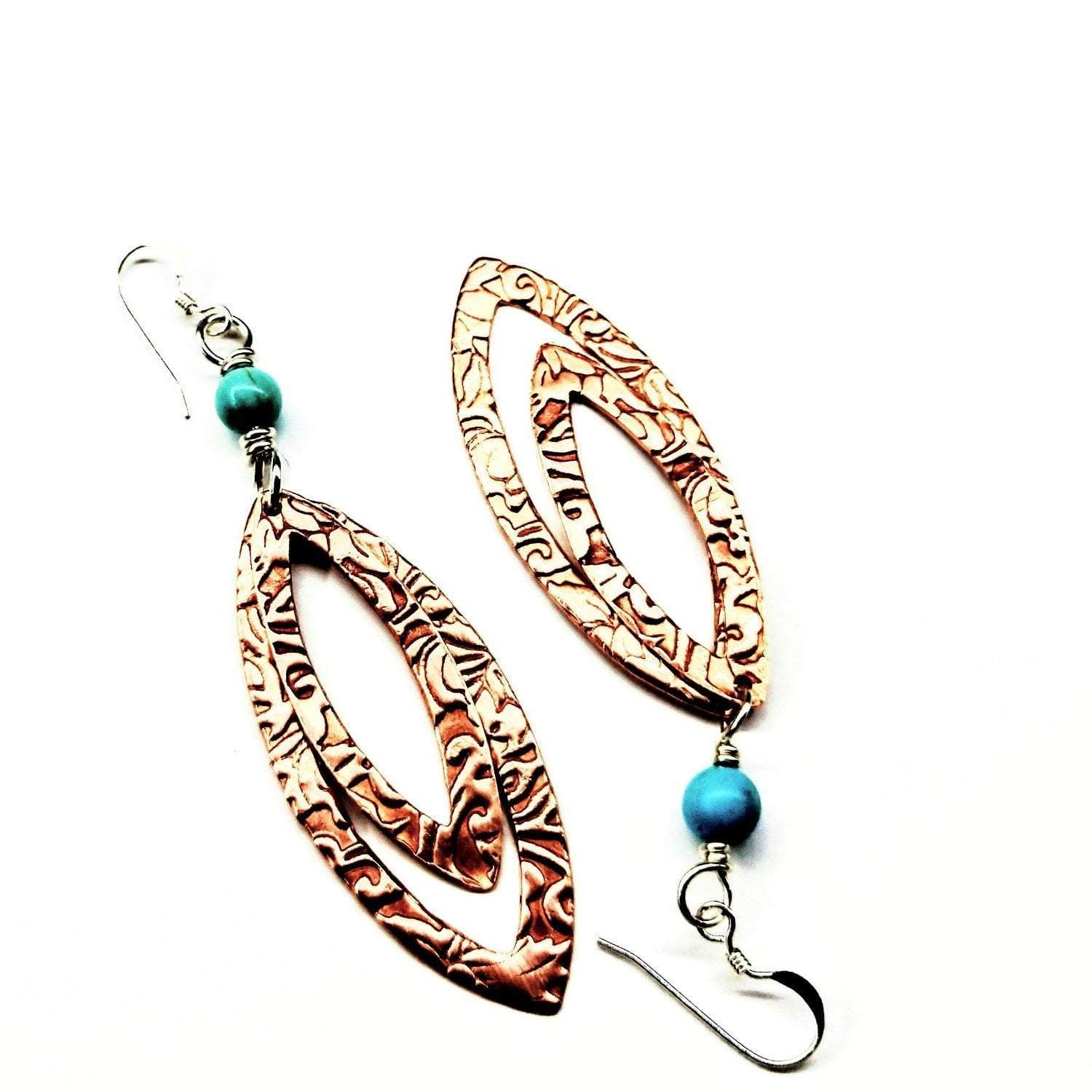 Turquoise Copper Embossed Pointed Oval Earrings