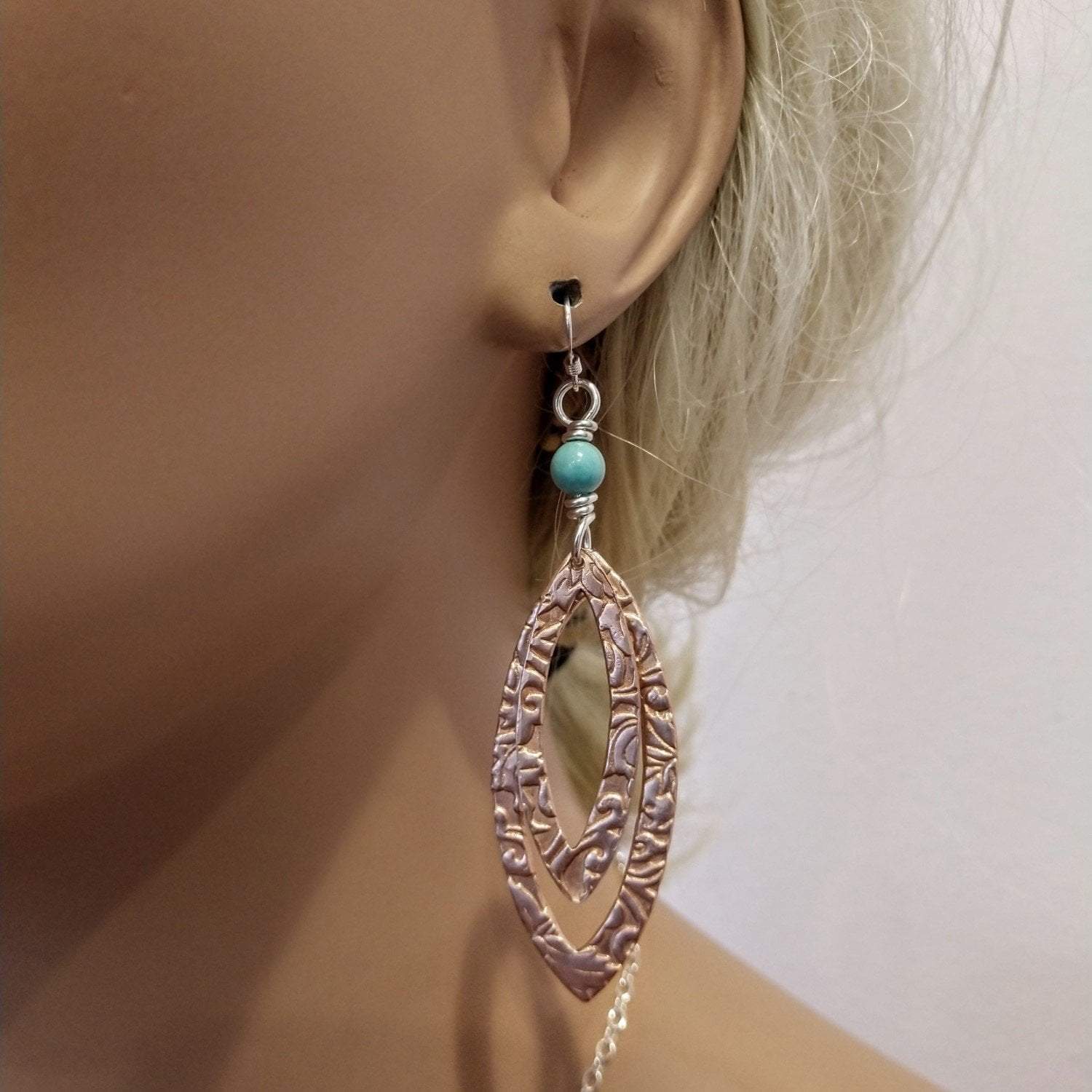 Turquoise Copper Embossed Pointed Oval Earrings