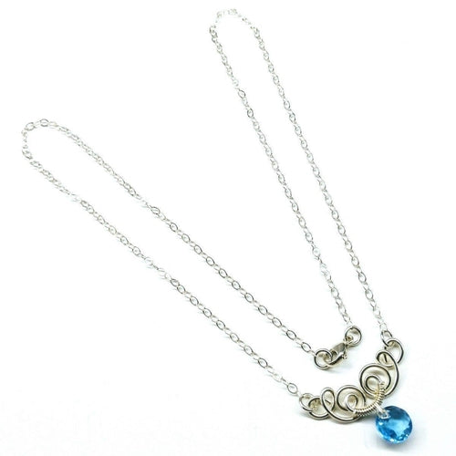 Silver Wire Sculpted Round Aqua Crystal Pendant Necklace - Horizon Bliss