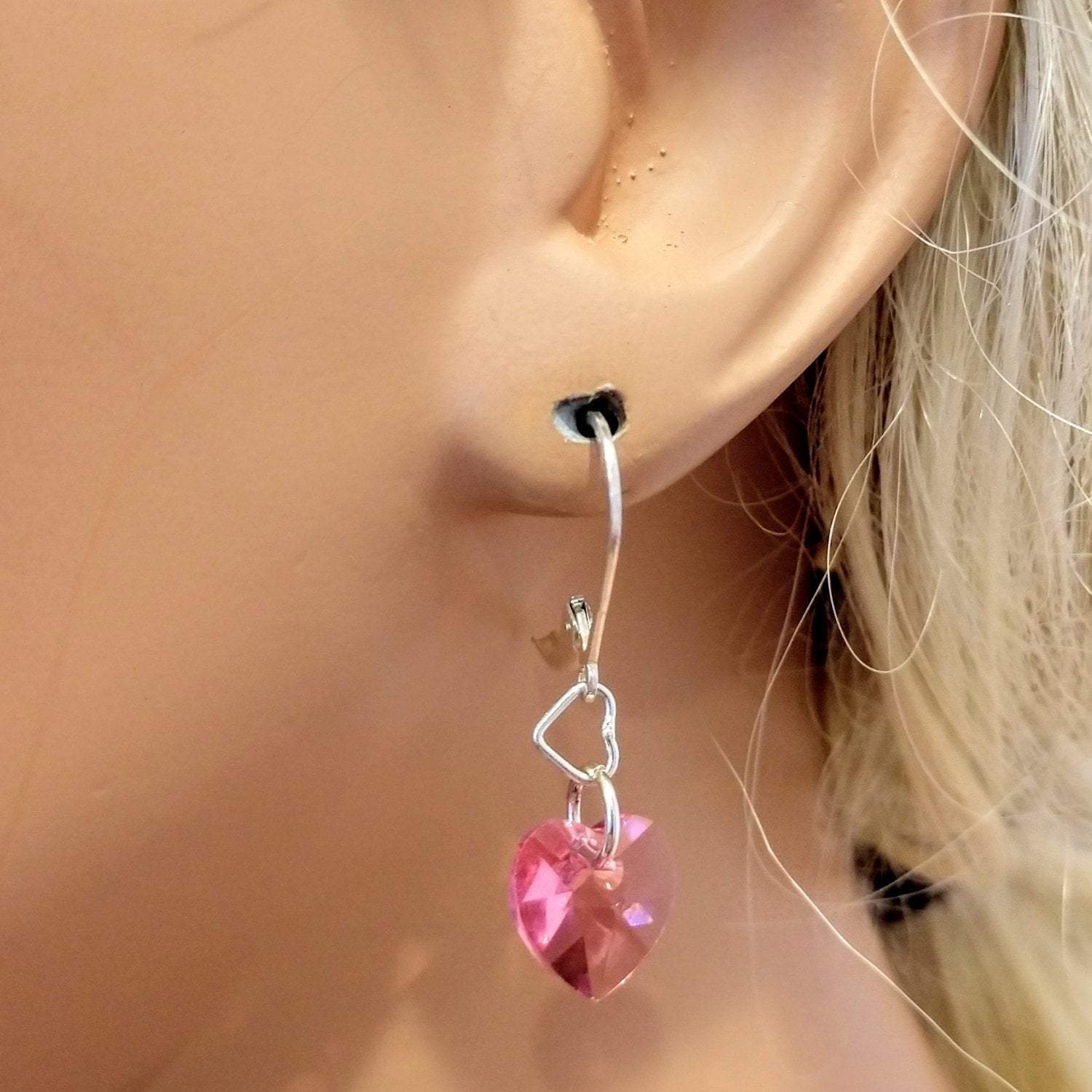 Sterling Silver Pink Crystal Heart Earrings