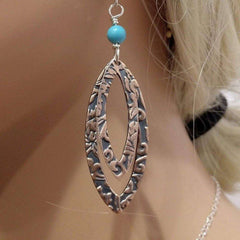 Turquoise Copper Embossed Pointed Oval Earrings