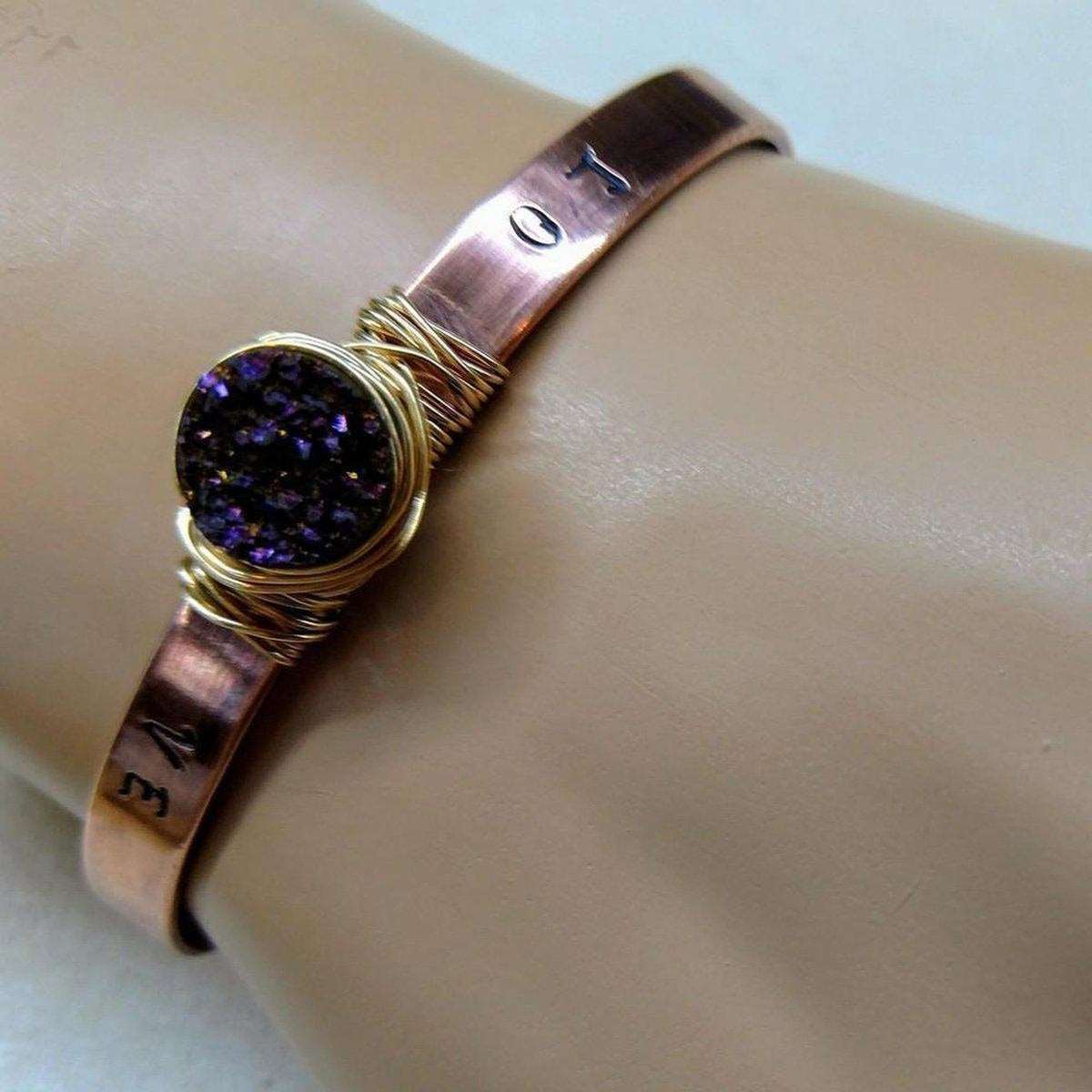 LOVE Stamped Gold Wire Wrapped Purple Druzy Copper Cuff - Horizon Bliss