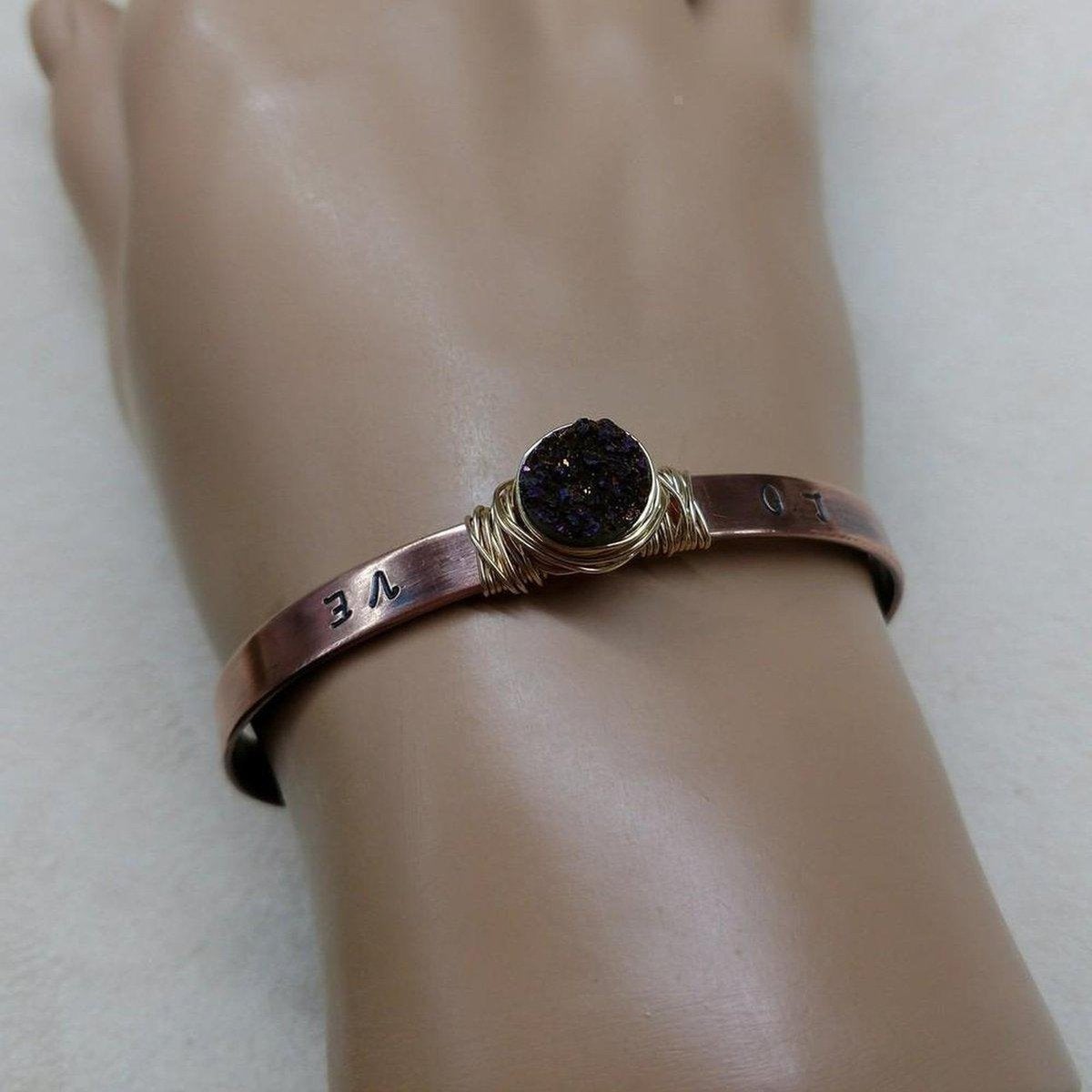 LOVE Stamped Gold Wire Wrapped Purple Druzy Copper Cuff - Horizon Bliss