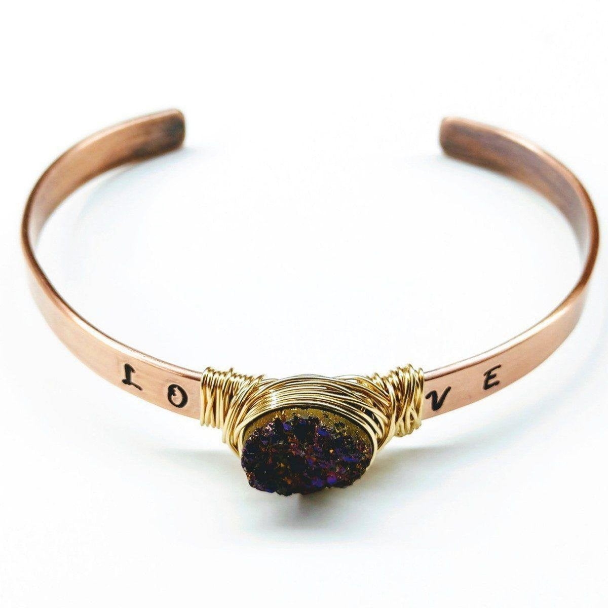 LOVE Stamped Gold Wire Wrapped Purple Druzy Copper Cuff - Horizon Bliss