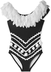 Black Draped Swimsuit with Petals & Pom Poms - Horizon Bliss