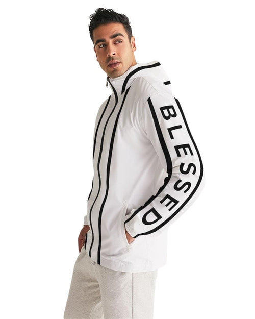 Mens Hooded Windbreaker - Blessed Sleeve Stripe White Water Resistant - Horizon Bliss