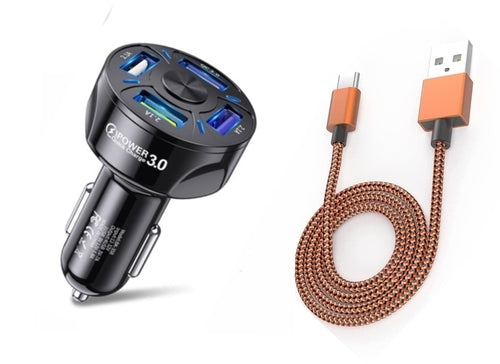 QC 3.0 4-Port LED Car Charger & 10FT Orange Nylon iPhone Cable Combo - Horizon Bliss