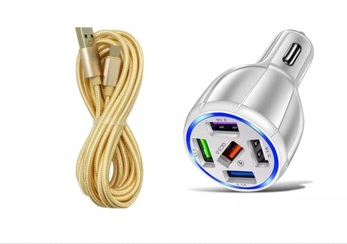 White 5-Port USB Fast Car Charger with LED, 10FT iPhone Cable - Quick - Horizon Bliss